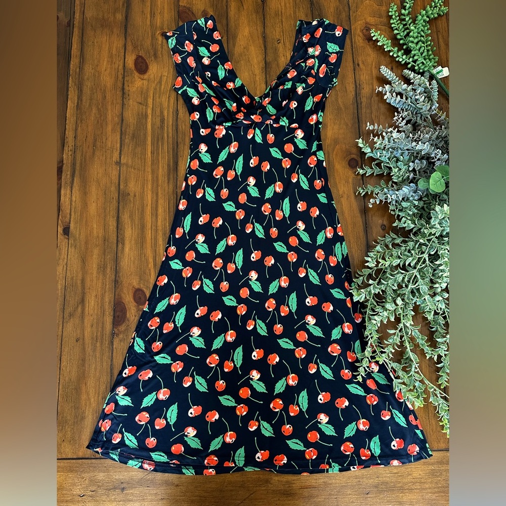 Vintage Free People Dress with Cherry Print on Black Background Size Medium